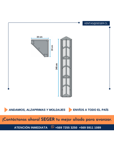 ESQUINERO INTERIOR 200 x 200 x 2520 PARA MOLDAJE