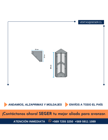 ESQUINERO INTERIOR 200 x 200 x 690 PARA MOLDAJE